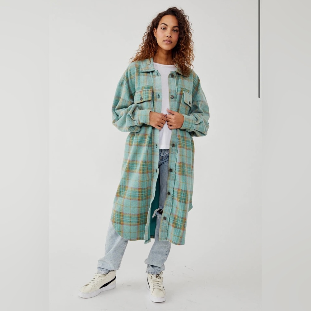 Free People Plaid Long Jacket in Green and Blue